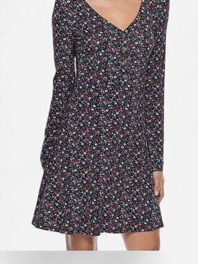 SO Black Ditsy Floral Long Sleeve Ruffle Hem Mini Dress Medium